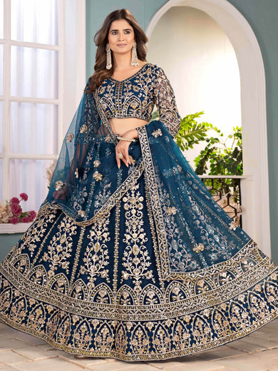 Glorious Teal Blue Net Coding Work Reception Wear Lehenga Choli